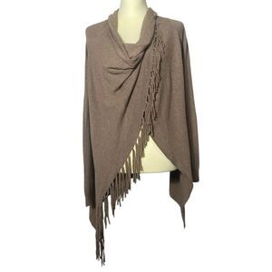 Lovestitch Long Sleeve Cowl Neck Fringe Wrap Cardigan Beige Women's Size Medium